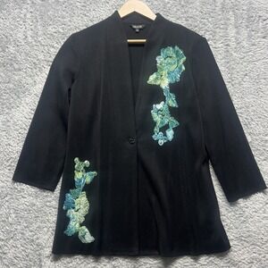 Misook Cardigan Sweater‎ Blazer Womens Large Black Aqua Floral Applique Corpcore